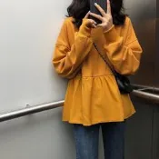 大學T 魚尾邊假兩件學生 女薄款春秋簡約設計長袖