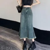 【Shiny 藍格子】個性A字包臀毛邊牛仔魚尾裙 V5159 現+預(女裝 裙子 長裙)