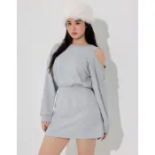 AIR SPACE PLUS 圓領單肩鏤空鬆緊收腰長袖短洋裝(黑/淺灰) 女裝 現貨 大尺碼 中大尺碼