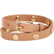 【TORY BURCH】Double-Wrap Logo 雙T盾牌雙繞皮革手環-駝色