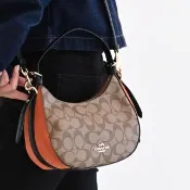 【COACH】KLEO 滿版C字印花拼接肩斜兩用彎月包腋下包(駝/磚紅)