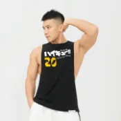 喜挖2店 HANSBENNY日系運動背心男夏季寬鬆圓領純棉無袖坎肩數字大開衩