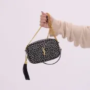 YSL Saint Laurent Lou mini 金屬LOGO 復古圓點圖案迷你斜背相機包(黑白)