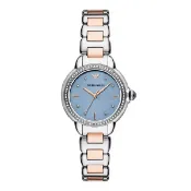 大高雄鐘錶城 EMPORIO ARMANI 亞曼尼 Mia系列 AR11597 莫蘭迪藍撞色環鑽女錶 銀色x玫瑰金錶帶 32MM｜樂天領券現折★全館特惠中★指定刷卡回饋10%