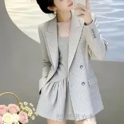 條紋收腰吊帶裙 中長款西裝外套 雙排扣通勤套裝 修身顯瘦兩件套 辦公室休閒穿搭 腰部打褶設計 簡約氣質女裝