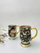 古瓷堂日本回流瓷器 日本其泉作 琳派古伊萬里手繪描金馬克杯 奢華滿金情侶對杯 高級啤酒杯 350ml 贈禮首選 附原盒