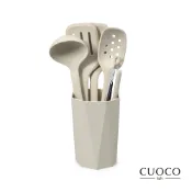 【CUOCO】北歐半月柄全矽膠廚具6件組-白色(炒鏟+煎鏟+湯勺+漏勺+料理夾+廚具筒)