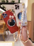協貿國際日用品生活3館 蘋果12手機殼iphone12promax帶手鏈高端補妝鏡子珍珠女款12pro個性創意網紅時尚鏈條腕帶全包硅膠防摔保護套