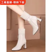 真皮 短靴 女 2024年 秋季 新款 高跟 女鞋 馬丁靴 秋冬 瘦瘦 靴子 粗跟 秋冬短靴 真皮女鞋