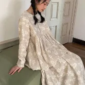 棉麻花朵 提花娃娃款上衣 A型大擺洋裝