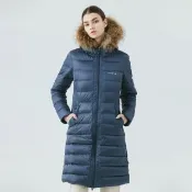 【Hilltop 山頂鳥】超潑水石墨烯蓄熱羽絨長版大衣外套 女款 灰藍｜PF21XF96ECE0