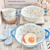 【雪花釉下彩雙耳大容量陶瓷湯碗】 雙耳大湯碗 陶瓷湯碗 雪花釉下彩湯碗 泡麵碗 居家用陶瓷餐具 大容量湯碗 螺螄粉碗