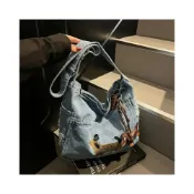 (店+)大容量簡約風臘腸狗牛仔斜挎包 可手提單肩兩用托特包 可愛狗狗印花側背包 復古牛仔通勤包 休閒外出手提袋 少女百搭日常包