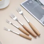 5 Pcs Wooden Handle Stainless Steel three Prong Forks Fruit
