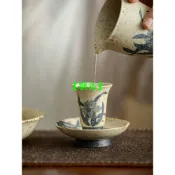 青花 火石紅 復古釉 手繪 墨藍 百合 高檔 聞香杯 套杯 女士 品茗杯
