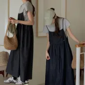 Ying Fashion Shop 個性牛仔吊帶裙 大擺洋裝 休閒吊帶連衣裙 疊穿吊帶洋裝 牛仔吊帶洋裝