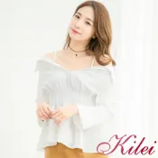 【Kilei】女裝 女生衣著 肩帶襯衫領露肩反折袖口上衣XA3918(輕盈白)全尺碼