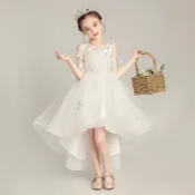 【獃小萌】女童小花童公主裙白紗婚紗裙兒童主持人晚禮服小女孩鋼琴演出禮服超好看公主裙生日禮服裙子洋氣花僊子網紅