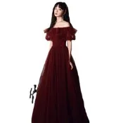 【長款顯瘦】敬酒服 新娘禮服 壹字肩設計 酒紅色長禮服 孕婦適用 結婚喜宴專用
