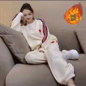 (店+)秋冬加絨加厚運動套裝女 杏色寬鬆套裝 保暖刷毛衛衣+束口褲 兩件套 顯瘦慵懶風 a0081