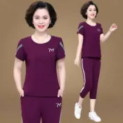  胖胖美依 運動服 套裝 M-3XL媽媽夏天夏裝套裝夏季寬鬆短袖運動套裝七分褲時尚休閒兩件套-15182.