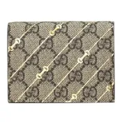 【GUCCI 古馳】GG Supreme 經典雙G LOGO馬銜扣印花扣式零錢短夾(駝)