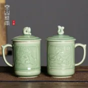 喜挖2店 空山新雨 龍泉青瓷仿古中式龍鳳對杯 陶瓷家用辦公室大容量泡茶杯