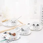 (店+)版畫風貓咪下午茶杯具組 杯具組 貓咪馬克杯 馬克杯 咖啡杯 餐盤 下午茶具 餐具組 貓咪咖啡杯 陶瓷杯子