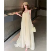 中國夏天新款旅行度假性感米白色雪紡吊帶長裙女裝寬鬆V領無袖露背中長款A字洋裝