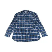【BURBERRY 巴寶莉】BURBERRY 內裡字母LOGO拼色格紋棉質鈕釦長袖襯衫(男款/藍)
