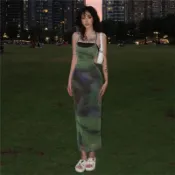 SylCue 歐美風 紮染 網紗 吊帶裙 氣質 性感 掛脖式 連衣裙 露背 洋裝 夏季 時尚