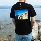FINDSENSE服飾 FINDSENSE MD 日系 男 時尚潮流 休閒 寬鬆 後背特色建築印花 短袖T恤 特色短T