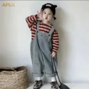 【桃園出貨】韓國童裝女童復古補丁牛仔揹帶褲新品可愛寬鬆連體褲套裝 女童寬褲  長褲  兒童褲子  兒童寬褲 兒童 牛仔褲
