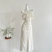 【歐貝貝studio】純欲風緞面魚尾一裙多穿米白色高級晚禮長洋裝女 垂感遮肉不透肉不貼身 氣質修身連衣裙 顯瘦