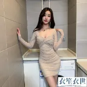 網紅性感女秋季新款緊身顯瘦名媛氣質V領露背長袖包臀辣妹女(有胸墊)禮服洋裝[衣笙衣世]