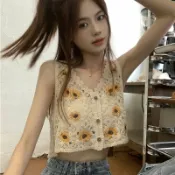 喜挖2店 鏤空背心開襟女法式小眾設計感馬夾小外搭刺繡針織披肩無袖上衣