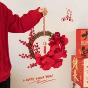 🔥仿真花裝飾 春節紅果花環 客廳掛飾 假花掛飾 仿真花圈 喜慶財果 過年裝飾 假花 客廳裝飾 新年佈置 紅色果實花環