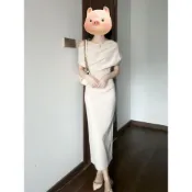 🔥法式连衣裙 蕩領斜肩連衣裙 3色可選 不規則收腰包臀裙 長裙 婚禮洋裝 白色洋裝 一字領洋裝 魚尾裙 短袖洋