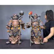 【阿一藝品】早期廣東 石灣陶【門神】 一對 佛教護法神 名師手製 有落款 值得收藏 居家裝飾 石灣陶擺件