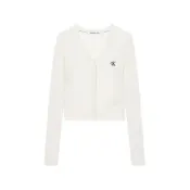 (店+)【CALVIN KLEIN】CALVIN KLEIN Jeans 字母提花修身V領保暖短款長袖針織衫 女款 米白色