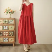 大尺碼洋裝 2026年新款棉麻色織紅色背心裙女夏無袖洋裝寬鬆大擺