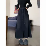 LUMI下單直接折抵💰 春夏復古港風黑色毛邊牛仔半身裙女辣妹高腰寬鬆顯瘦大裙擺a字裙 韓係半身裙 辣妹半身裙 夏季半身裙