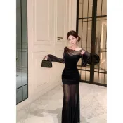 【桃喜Rich女裝】黑色洋裝 辣妹網紗一字肩不規則連衣裙 純欲性感魚尾裙 春酒洋裝 度假洋裝 長版洋裝 包臀裙