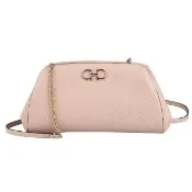 【Salvatore Ferragamo】Salvatore Ferragamo 金屬LOGO小牛皮拉鍊斜背包(迷你/杏仁粉)