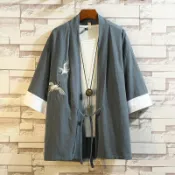 huangjinlang 【復古刺繡】唐裝 漢服 中國風男裝 亞麻披風 道袍 棉麻襯衫 民族風上衣 寬鬆舒適 透氣親膚 日常穿搭 文藝禪意