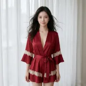 台灣公司❤️性感蕾絲質感睡袍 冰絲睡袍 歐美女生睡衣 性感睡衣 薄款透膚居家服 荷葉邊浴袍 女薄紗家居服 女居家外袍