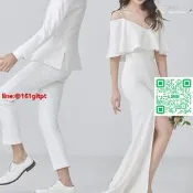 【賣【現貨免運225迎賓禮服簡約輕便遮粗手臂緞面白紗一字肩顯瘦旅拍輕婚紗魚尾