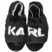 KARL LAGERFELD 卡爾字母繫帶皮草毛茸拖鞋(黑色)