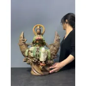 【阿一藝品】早期廣東 石灣陶【日月觀音】自在觀音 名師手製 有落款 值得收藏 居家裝飾 石灣陶擺件 Y52