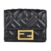 FENDI Micro雙F電鍍金LOGO親膚質感小羊皮立體浮雕設計3卡釦式三折短夾(黑)